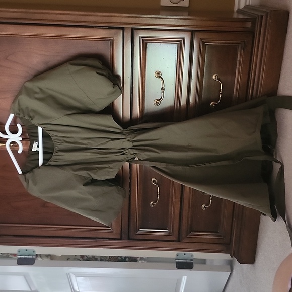 Army Green Cut Out Puff Sleeve Dress - Picture 1 of 6